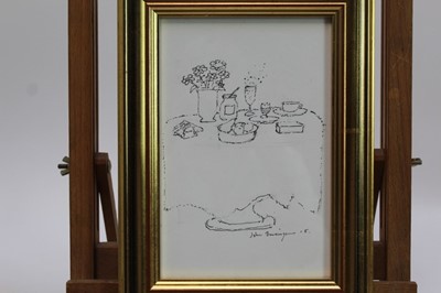 Lot 1875 - John Burningham (1936-2019) pen and ink sketch - Champagne with Noel Coward, signed and dated ‘15, in glazed gilt frame