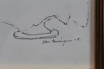 Lot 255 - John Burningham (1936-2019) pen and ink sketch - Champagne with Noel Coward, signed and dated ‘15, in glazed gilt frame