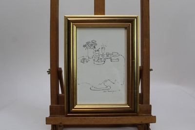 Lot 1875 - John Burningham (1936-2019) pen and ink sketch - Champagne with Noel Coward, signed and dated ‘15, in glazed gilt frame