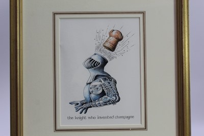 Lot 1758 - Simon Drew (b.1952) pen, ink and crayon - The Knight who invented Champagne, signed, in glazed gilt frame 
Provenance: Chris Beetles Gallery