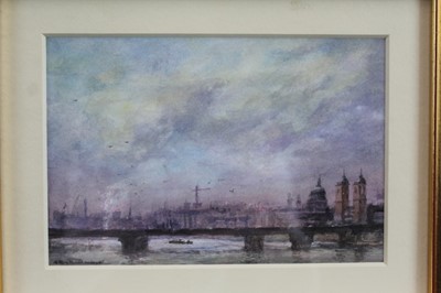 Lot 1832 - Roy Hammond (b.1934) watercolour - Cannon Street and St Paul's from the Thames, signed, in glazed gilt frame 
Provenance: Chris Beetles Gallery