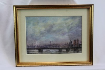 Lot 1832 - Roy Hammond (b.1934) watercolour - Cannon Street and St Paul's from the Thames, signed, in glazed gilt frame 
Provenance: Chris Beetles Gallery