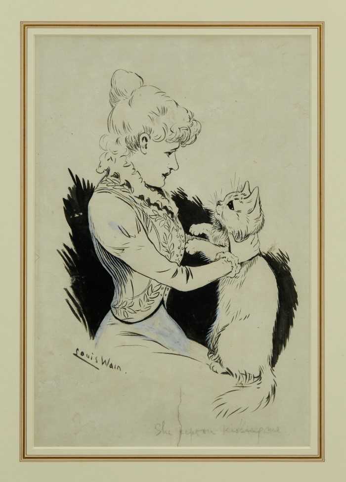 Lot 1812 - Louis Wain (1860-1939) pen and ink - “She kept on kissing me”, signed, in glazed gilt frame (paper torn) 
Provenance: Chris Beetles Gallery