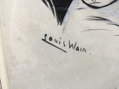 Lot 1812 - Louis Wain (1860-1939) pen and ink - “She kept on kissing me”, signed, in glazed gilt frame (paper torn) 
Provenance: Chris Beetles Gallery