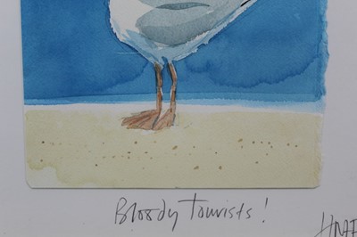 Lot 1851 - Hugh Fairfax watercolour - Bloody Tourists, signed, dated ‘03, in glazed frame 
Provenance: Thompson’s Aldeburgh