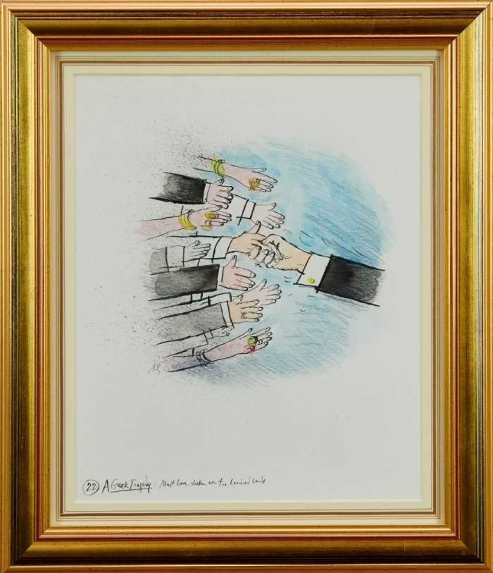 Lot 1845 - *Ronald Searle (1920-2011) pen, ink and watercolour - “Must have shaken over two hundred hands”, inscribed, in glazed gilt frame