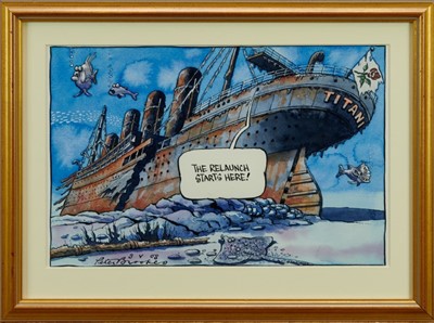 Lot 1795 - Peter Brookes (b.1943) pen, ink and watercolour cartoon - “The Relaunch Starts here”, signed and dated 3.V.08, in glazed gilt frame 
Provenance: Chris Beetles Gallery