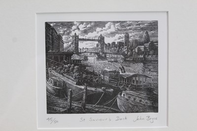 Lot 1751 - John Bryce (b.1936) three signed limited edition etchings - Along The Thames, St Saviour’s Dock and Oranges and Lemons, each in glazed gilt frames