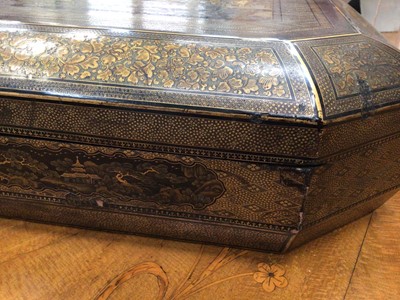 Lot 1938 - Fine early 19th Chinese lacquer games box containing fitted interior with games trays, a good collection of carved mother of pearl gaming counters each with carved crest and motto, ivory counters a...