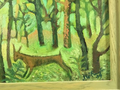 Lot 1802 - John W Farrington (b.1933) oil on board - The Giant in the Forest II, signed and dated ‘99, framed 
Provenance: Goldmark Gallery