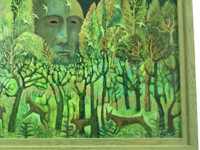 Lot 1802 - John W Farrington (b.1933) oil on board - The Giant in the Forest II, signed and dated ‘99, framed 
Provenance: Goldmark Gallery