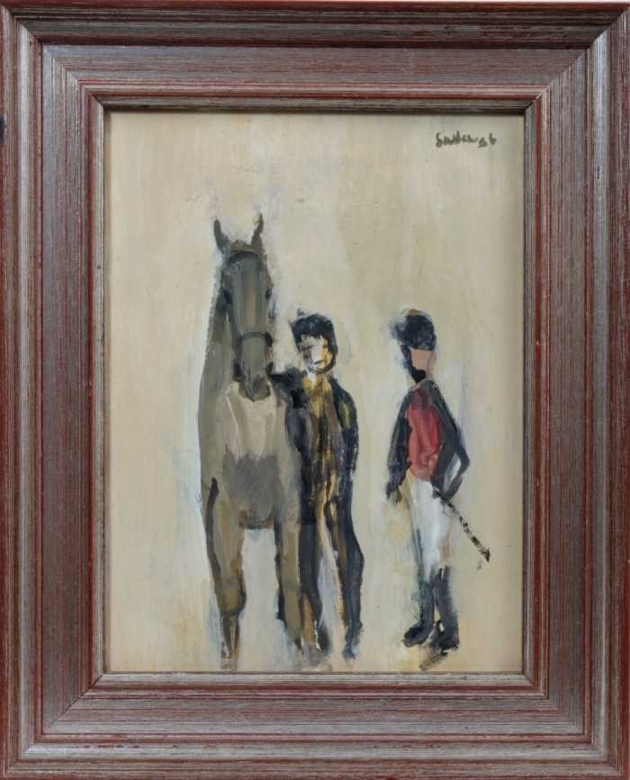 Lot 1798 - *Robert Sadler (1909-2001) acrylic on board - horse and figures, signed and dated ‘86, framed Provenance: Studio Exhibition 1987