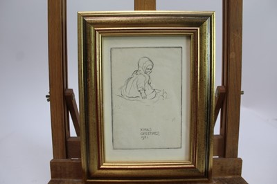 Lot 1709 - Eileen Soper (1905-1990) pen and ink drawing - Chimney Pot, together with an etching - Xmas Greetings 1921, in glazed gilt frames 
Provenance: Chris Beetles Gallery
