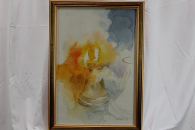 Lot 24 - Lesley Fotherby (b.1946) watercolours - Whitechapel Bell Foundry, together with another watercolour and cut paper picture - Horns and Ribbons, both in glazed gilt frames