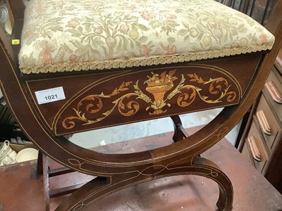 Lot 1021 - Edwardian inlaid mahogany piano stool with padded hinged seat