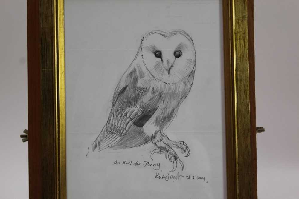 Lot 34 - *Keith Grant (b.1930) two sketches of Owls, with dedications to Jenny, dated 2012 and 2014, in glazed gilt frames