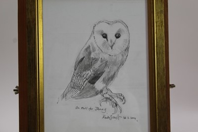 Lot 1724 - *Keith Grant (b.1930) two sketches of Owls, with dedications to Jenny, dated 2012 and 2014, in glazed gilt frames