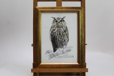 Lot 1724 - *Keith Grant (b.1930) two sketches of Owls, with dedications to Jenny, dated 2012 and 2014, in glazed gilt frames