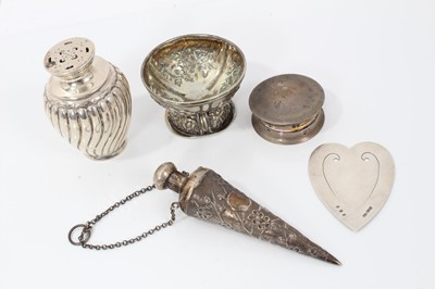 Lot 1960 - Chinese white metal scent flask of tapered form decorated with flowering Prunus, together with a George V silver pill box of circular form, (Birmingham 1911)