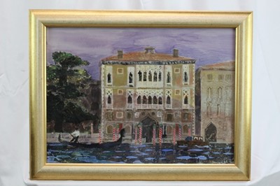 Lot 1764 - *Glyn Morgan (1926-2015) mixed media and collage - The Cavalli Franchetti 
Palace, Venice, signed and dated ‘99, in glazed gilt frame