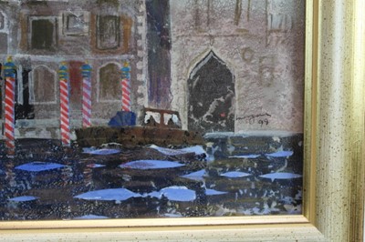 Lot 1764 - *Glyn Morgan (1926-2015) mixed media and collage - The Cavalli Franchetti 
Palace, Venice, signed and dated ‘99, in glazed gilt frame