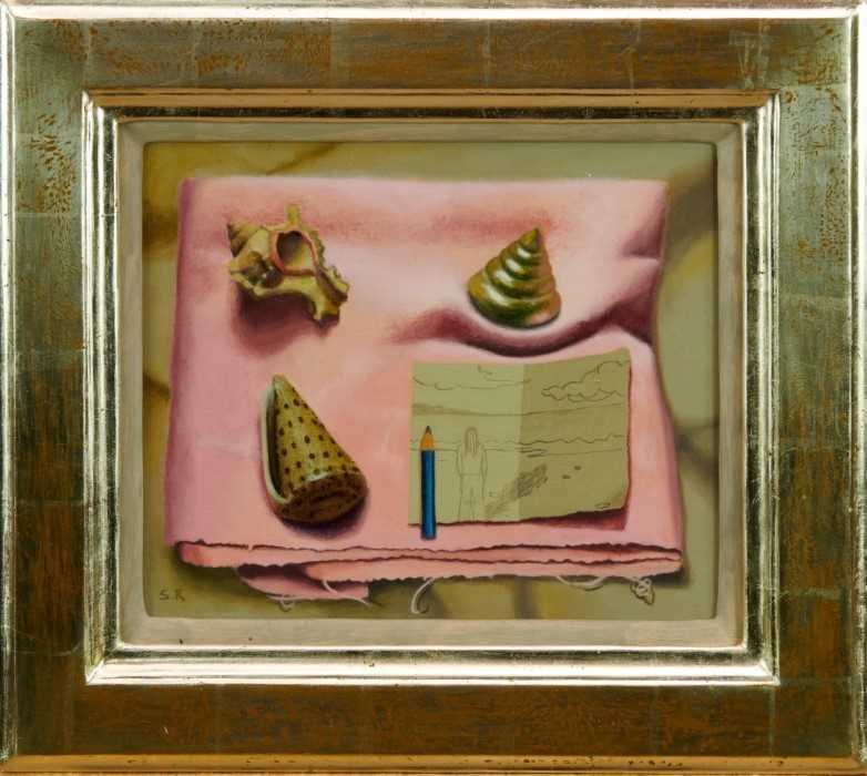 Lot 1765 - *Saul Robertson (b.1978) oil on linen - The Presence of Absence, initialled, 
in glazed frame 
Provenance: Thompson’s Aldeburgh