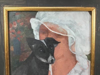 Lot 1756 - Duffy Ayers (1915-2017) oil on board - Girl with Dog, framed 
Provenance: Langham Fine Art