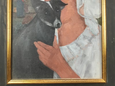 Lot 1756 - Duffy Ayers (1915-2017) oil on board - Girl with Dog, framed 
Provenance: Langham Fine Art