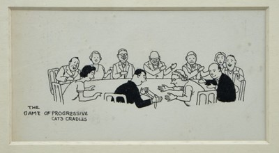 Lot 1825 - William Heath Robinson (1872-1944), pen and ink illustration - The Game of Progressive Cat's Cradles, titled, in glazed gilt frame 
Provenance:  Chris Beetles Ltd, London