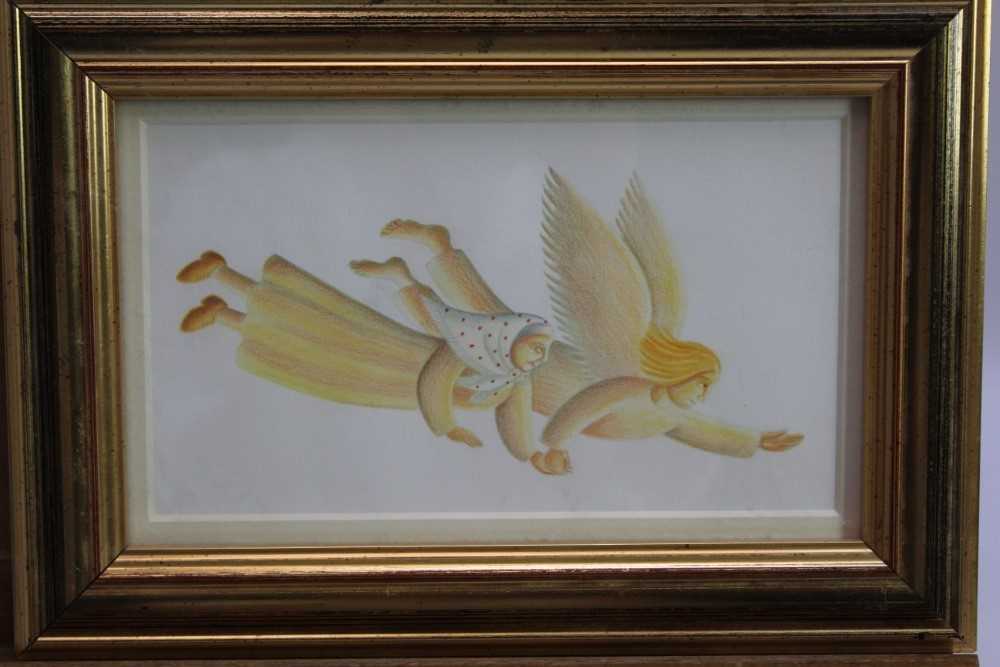 Lot 1848 - Amanda Hall (b. 1956) coloured chalk on paper entitled 'And, with that, Ely took Ariella by the hand and whisked her away to hell', in glazed gilt frame 12cm x 21cm and three other