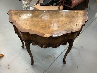 Lot 1037 - Antique continental walnut demi lune hall table with crossbanded decoration and single drawer below, 103.5cm wide, 51cm deep, 75cm high