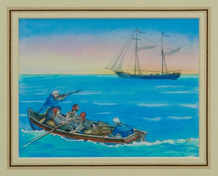 Lot 1882 - Michael Foreman (b. 1938) pencil and watercolour - 'The Squire raised his Gun, Treasure Island, in glazed gilt frame 
Provenance:  Chris Beetles Ltd, London
