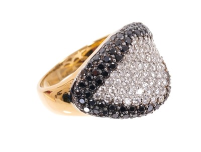Lot 1972 - Diamond cocktail ring with pavé set white and black brilliant cut diamonds in a concave setting on 18ct yellow gold shank. Estimated total diamond weight approximately 1.95cts. Finger size approxim...