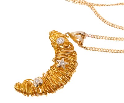 Lot 1984 - 18ct gold and diamond crescent moon pendant with yellow gold wire crescent applied with diamond-set star, heart and circle, together with a 9ct yellow gold chain.