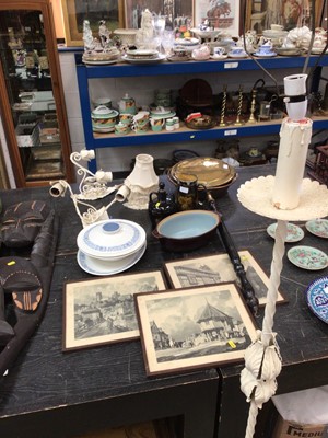 Lot 193 - Wrought iron standard lamp with pair of matching wall lamps with shades, bed pan, decorative china and pictures