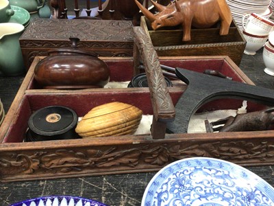 Lot 195 - Various wooden items, including turned vessels, carved cutlery tray, figures, mantel clock, etc