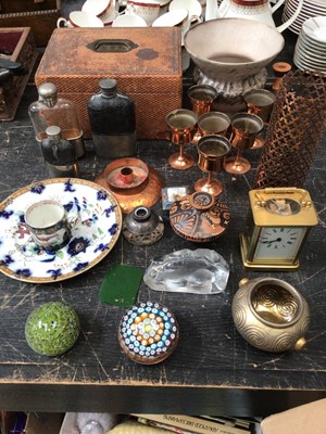 Lot 197 - Sundry items, to include a brass carriage clock, paperweights, jewellery box, hip flasks, etc