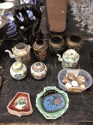 Lot 201 - Quantity of antique oriental items, including Chinese carved wooden figure, pair of bronze vases, famille verte ginger jars, famille rose teapots, miniature Japanese tea set, Chinese hors d'oeuvre...