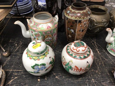 Lot 201 - Quantity of antique oriental items, including Chinese carved wooden figure, pair of bronze vases, famille verte ginger jars, famille rose teapots, miniature Japanese tea set, Chinese hors d'oeuvre...