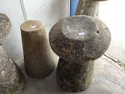 Lot 1057 - Concrete staddle stone, 60cm high, 49cm diameter, and one other staddle stone base, 54cm high (2)
