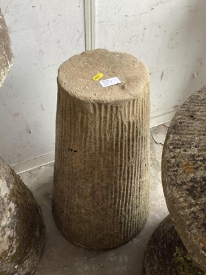 Lot 1057 - Concrete staddle stone, 60cm high, 49cm diameter, and one other staddle stone base, 54cm high (2)