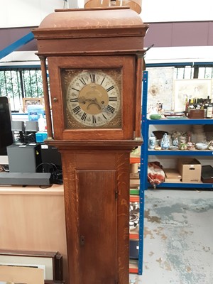 Lot 1064 - Antique oak longcase clock with brass and silvered dial, signed Smith, Ipswich, pendulum present