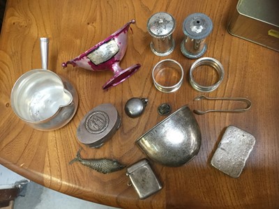 Lot 702 - Group of silver and white metal items to include brandy warming pan, sovereign case, hip flask cup and other items