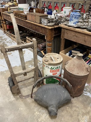 Lot 493 - Vintage 'Terry Tractor Seat', antique wooden sack barrow and two old fuel cans