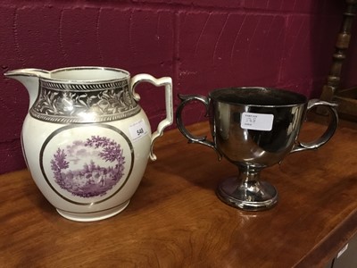 Lot 548 - Early 19th century silver resist lustre jug with printed puce landscapes and silver resist lustre two handles goblet (2)