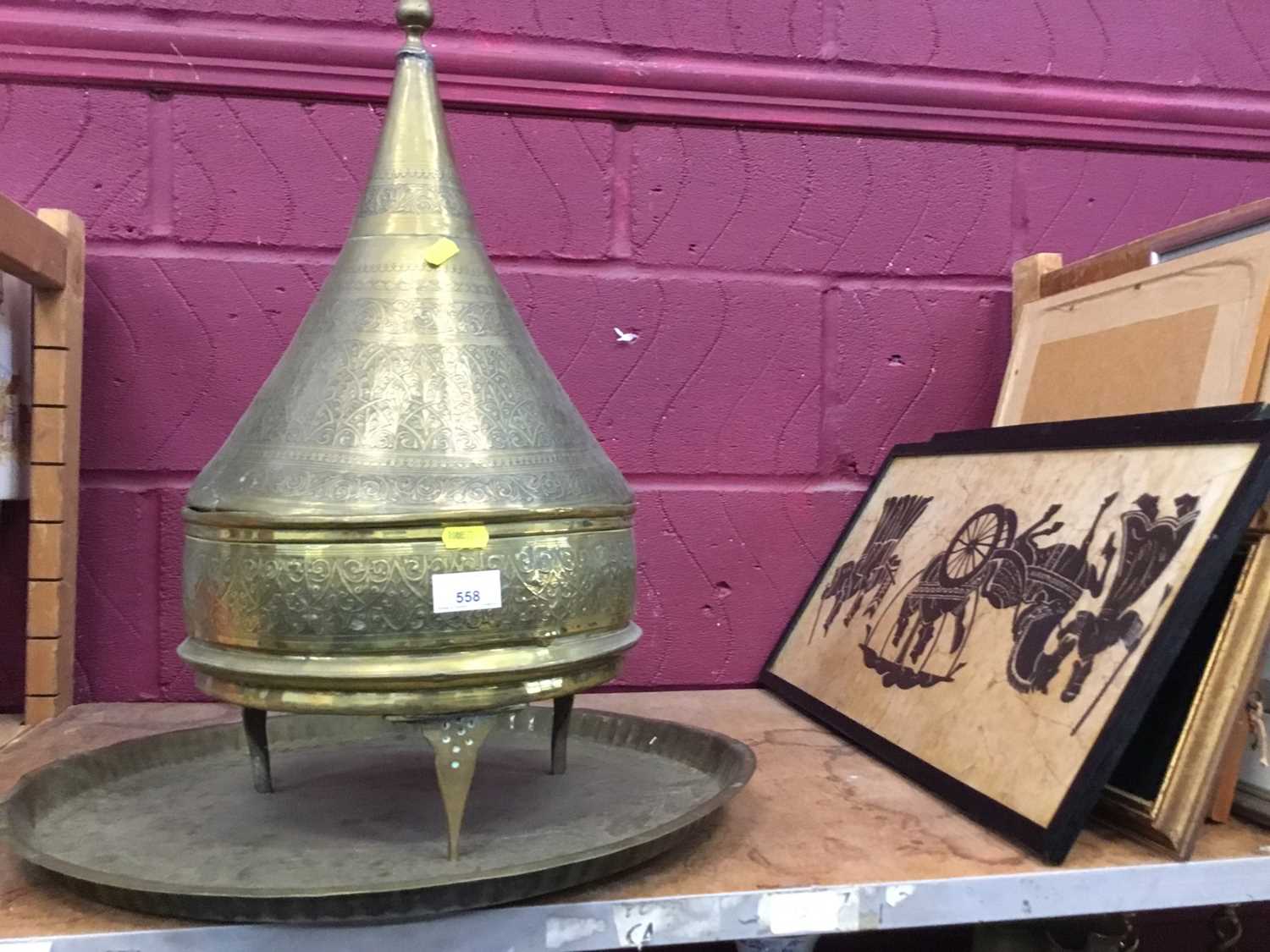 Lot 600 - Eastern brass vessel with cover, brass tray and lot pictures