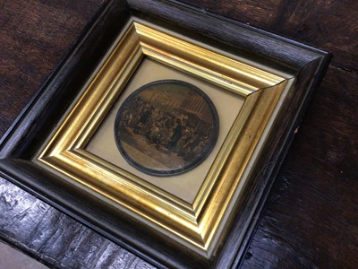 Lot 215 - Framed 19th century lacquered snuff box lid, painted with a scene of Billingsgate, together with a quantity of pictures and prints