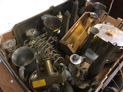 Lot 327 - One box of assorted metalwares to include silver plate and pewter