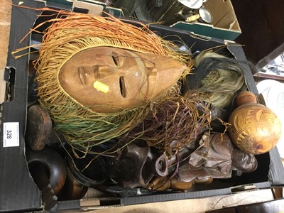 Lot 328 - One box of assorted treen and wooden wares to include oriental figures and carved masks