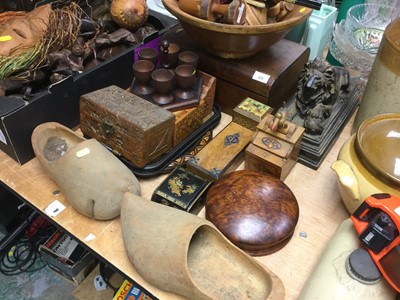Lot 329 - Victorian walnut writing slope, carved wooden clogs, seated model of a Lion and sundry boxes